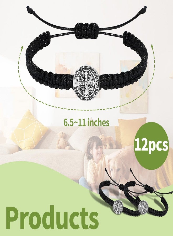 eggigi 12 Pcs Silver Saint Benedict Medal Rosary Bracelet, Catholic Wrist Bracelets Adjustable String Bracelets Religious Gifts for Men Women (Black) - Image 5